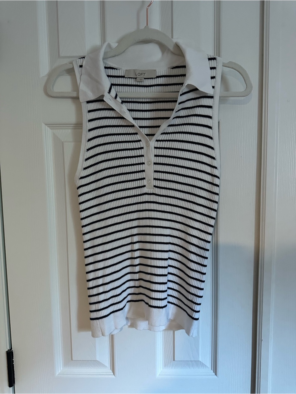 LOFT White and Navy Striped Sleeveless Polo Tank